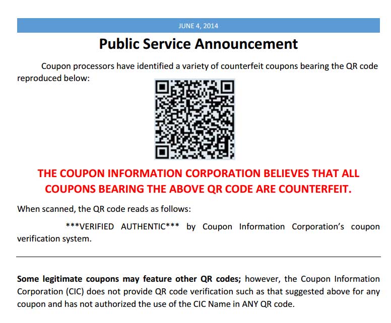 counterfeit coupon information center